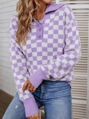 Checkerboard Quarter Button Collared Sweater