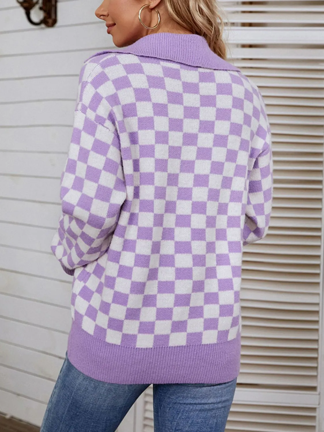 Checkerboard Quarter Button Collared Sweater