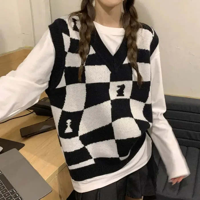 Chess Board Vest with Checkered Pattern and Ribbed Knit Trim