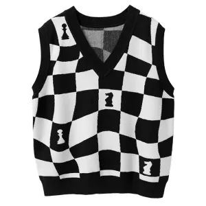 Chess Board Vest with Checkered Pattern and Ribbed Knit Trim
