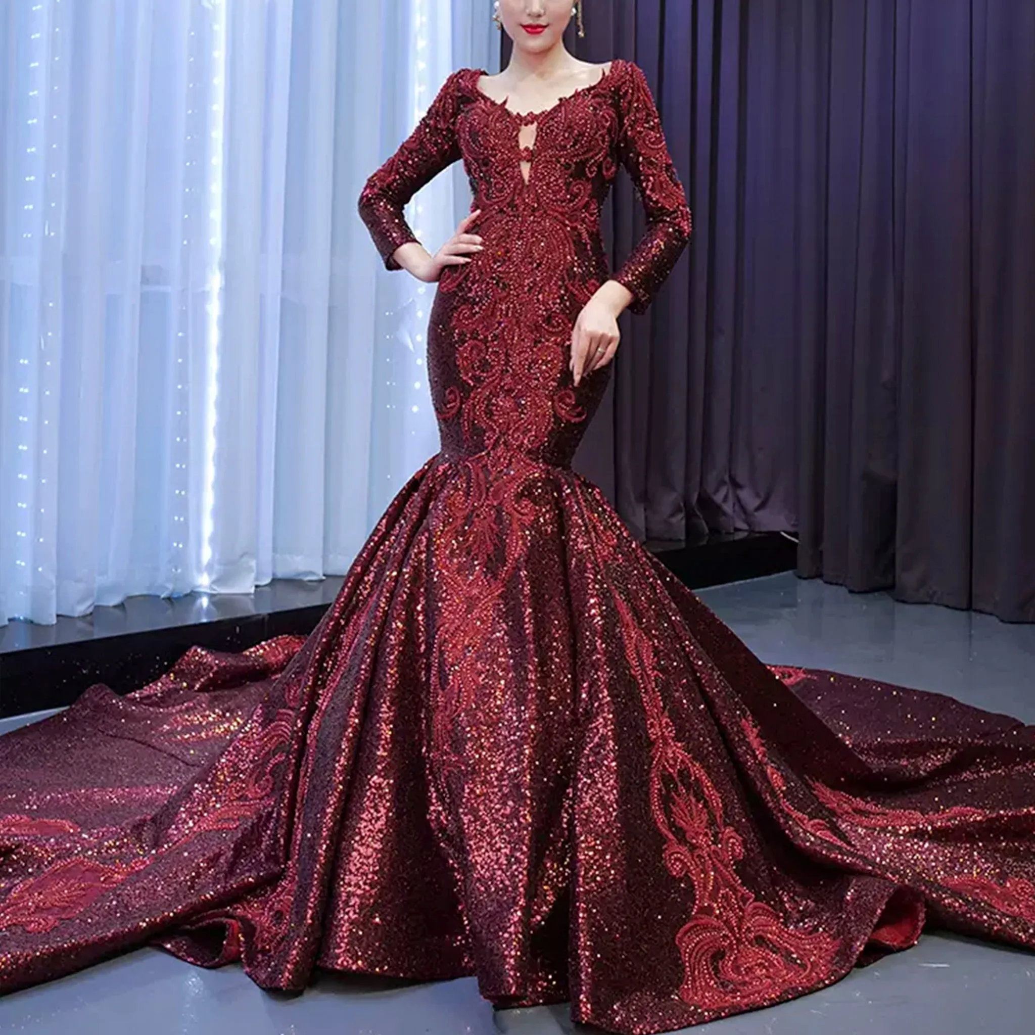 Chic Long Sleeve Wedding Dress Trumpet Evening Gown