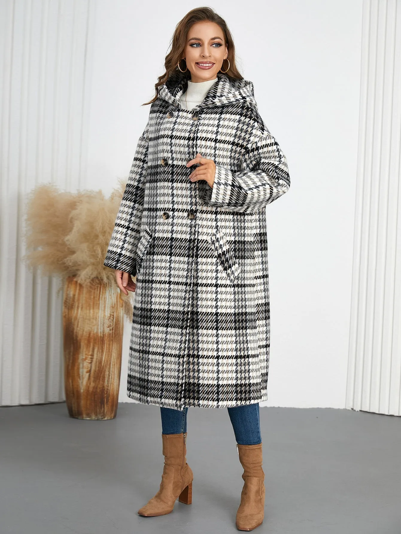 Chic Winter Hooded Plaid Coat with Turndown Collar for Timeless Style