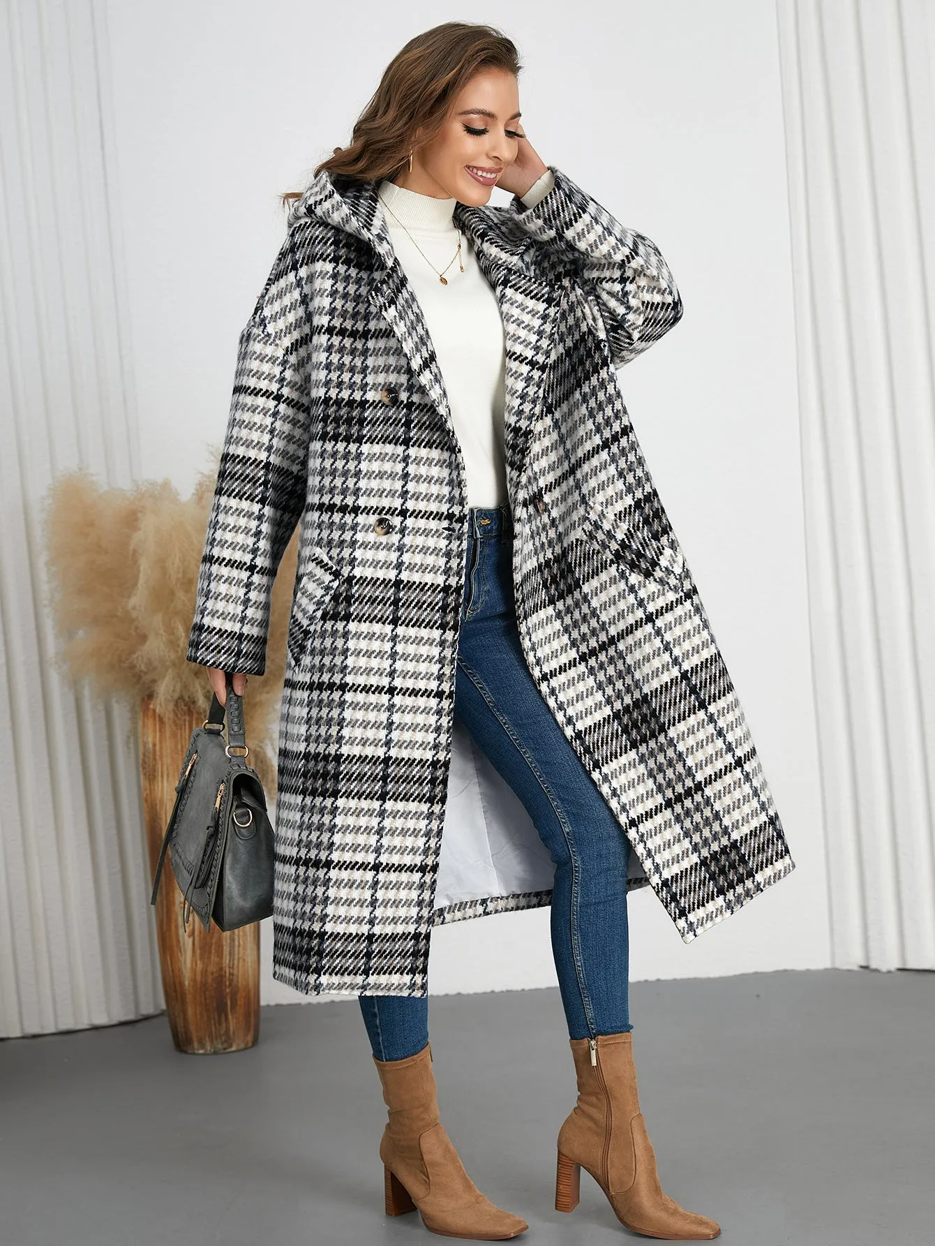 Chic Winter Hooded Plaid Coat with Turndown Collar for Timeless Style