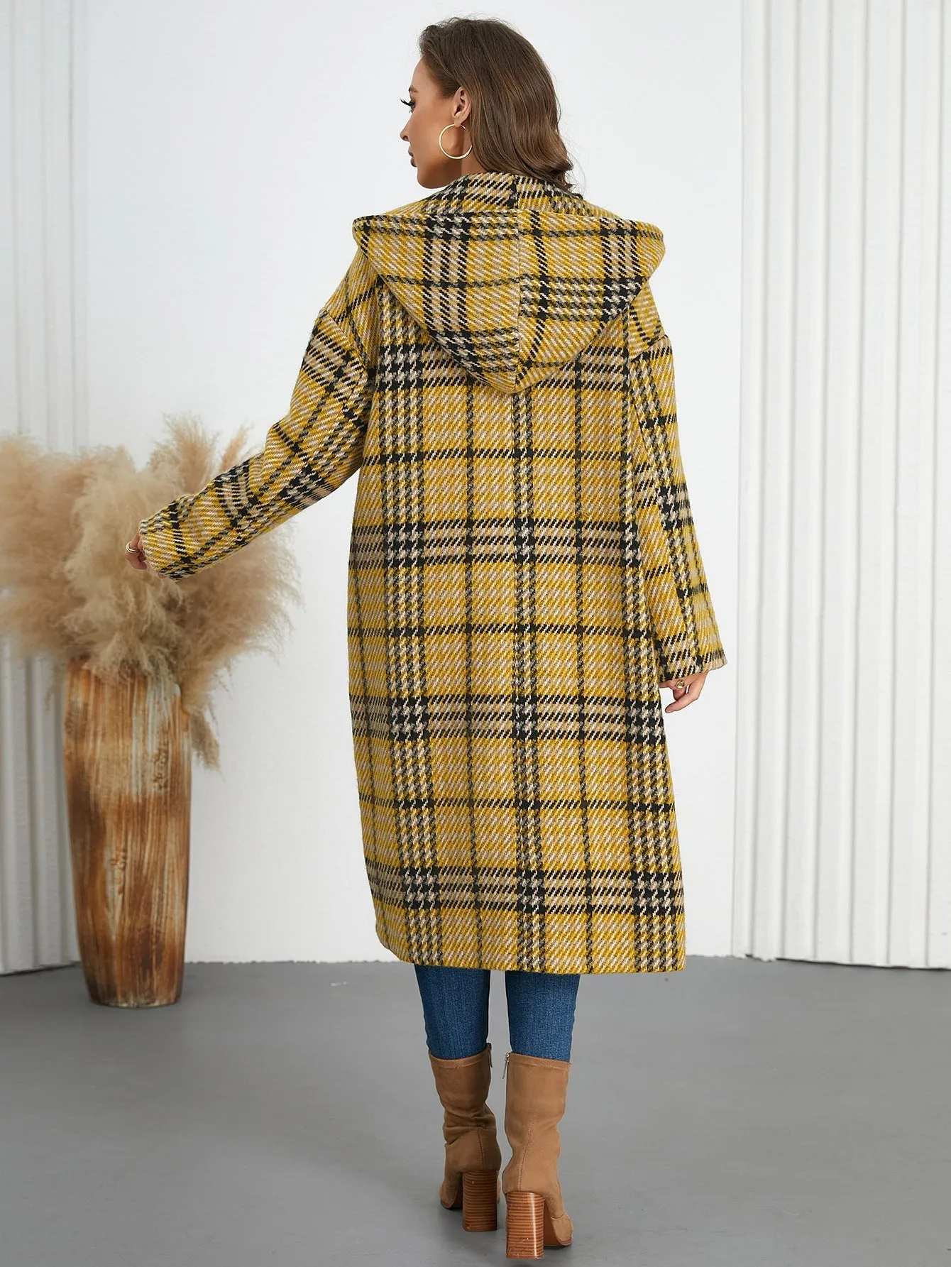 Chic Winter Hooded Plaid Coat with Turndown Collar for Timeless Style