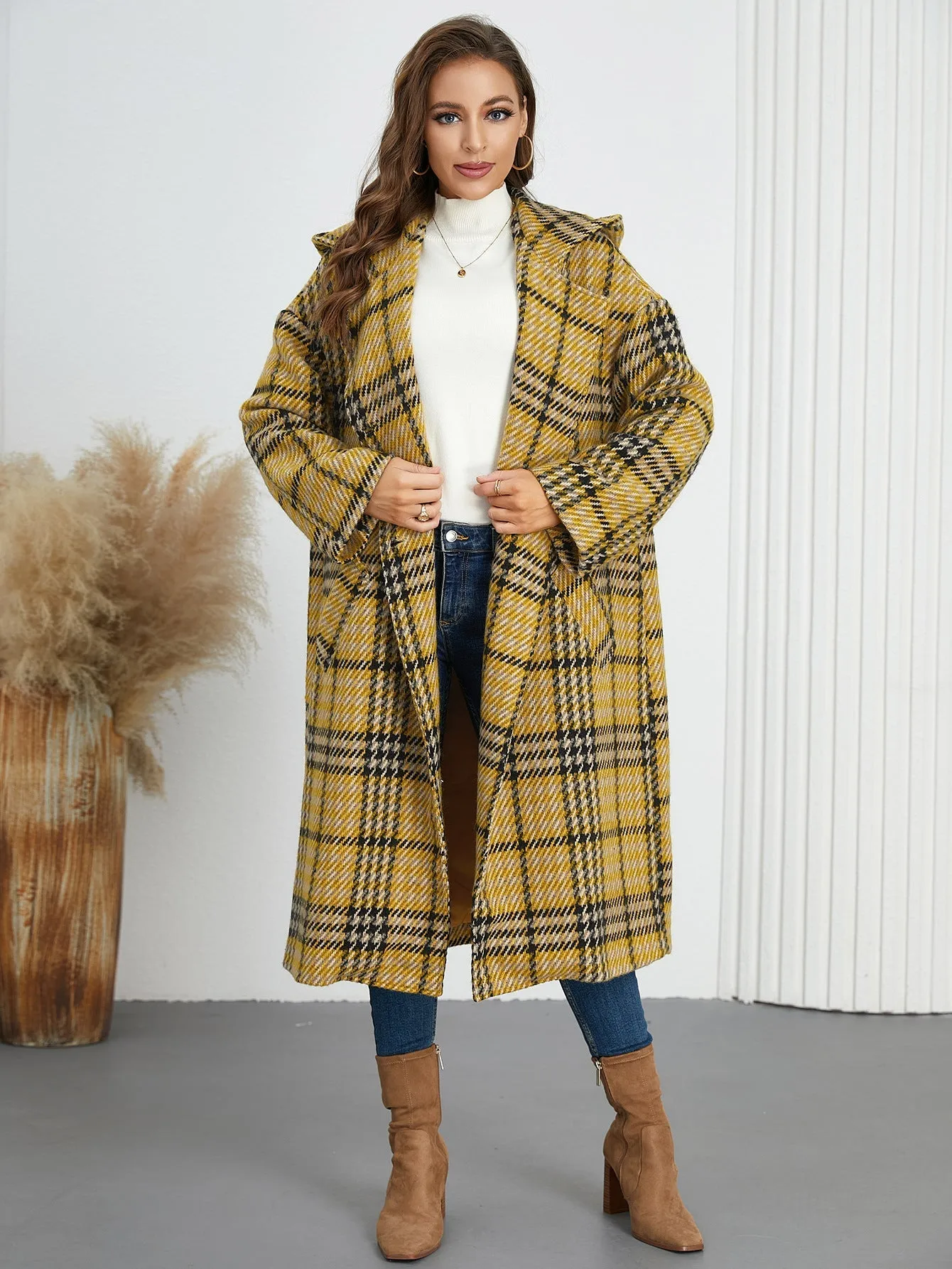 Chic Winter Hooded Plaid Coat with Turndown Collar for Timeless Style