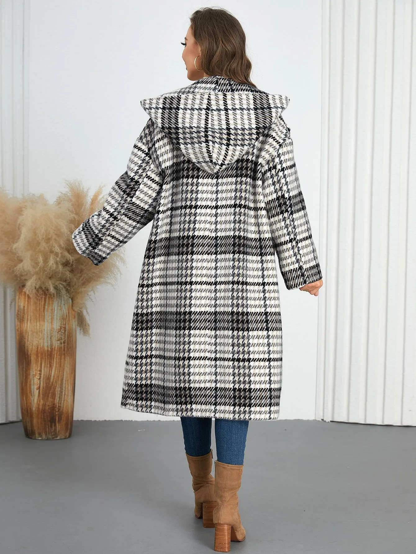 Chic Winter Hooded Plaid Coat with Turndown Collar for Timeless Style