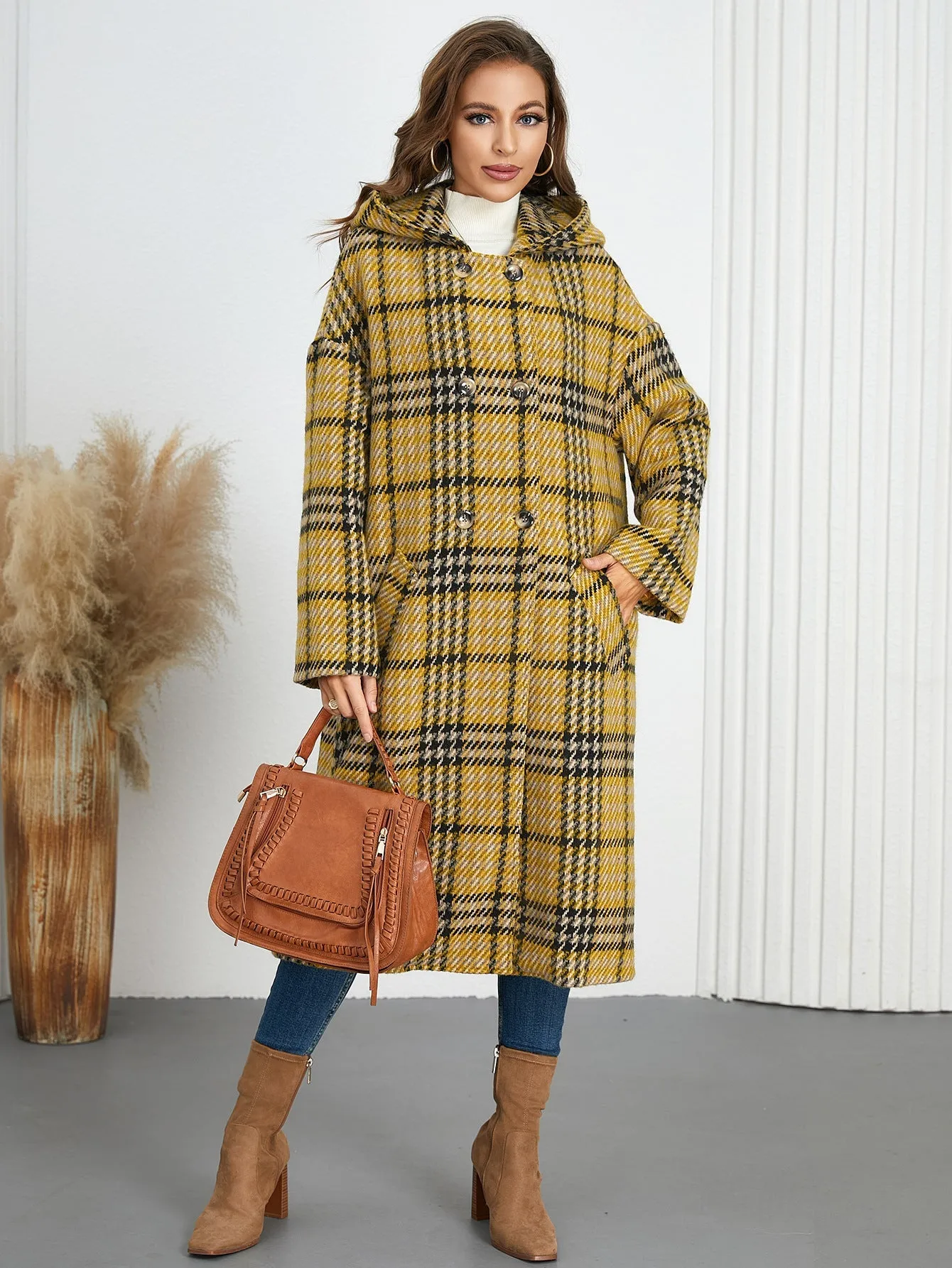 Chic Winter Hooded Plaid Coat with Turndown Collar for Timeless Style