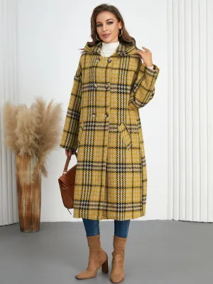 Chic Winter Hooded Plaid Coat with Turndown Collar for Timeless Style