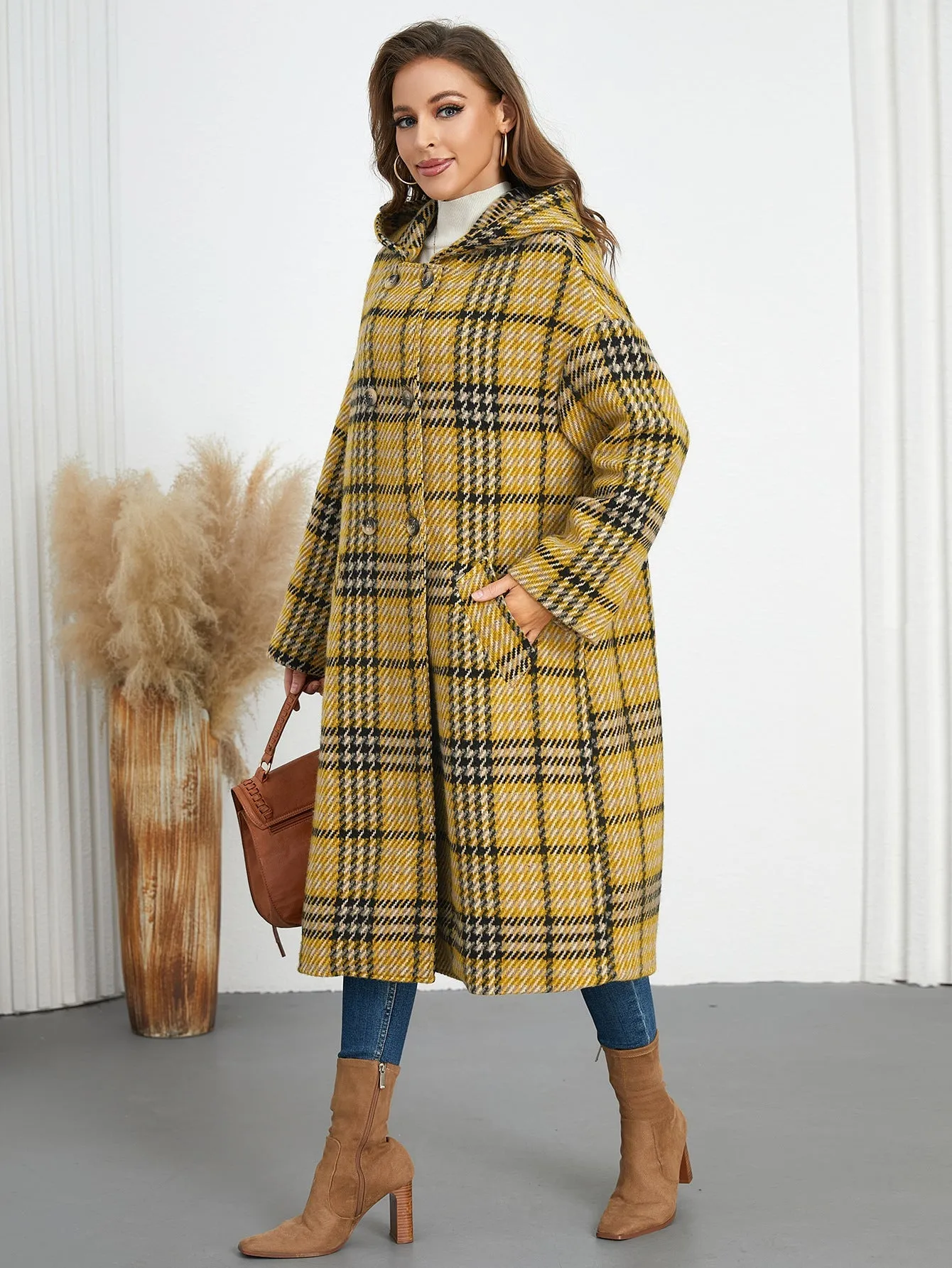 Chic Winter Hooded Plaid Coat with Turndown Collar for Timeless Style