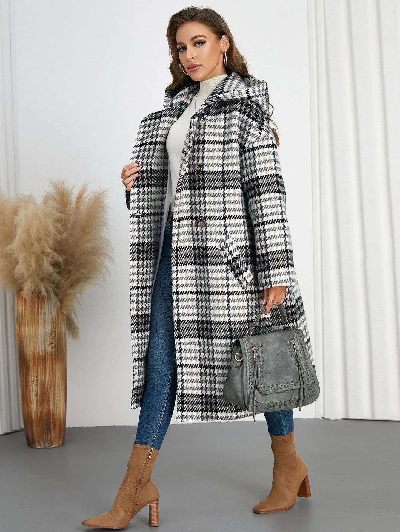 Chic Winter Hooded Plaid Coat with Turndown Collar for Timeless Style