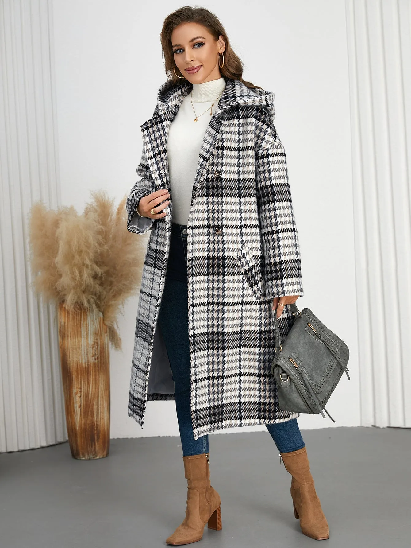 Chic Winter Hooded Plaid Coat with Turndown Collar for Timeless Style