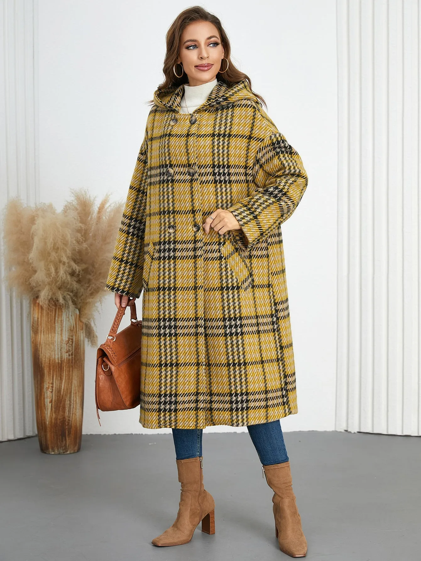 Chic Winter Hooded Plaid Coat with Turndown Collar for Timeless Style