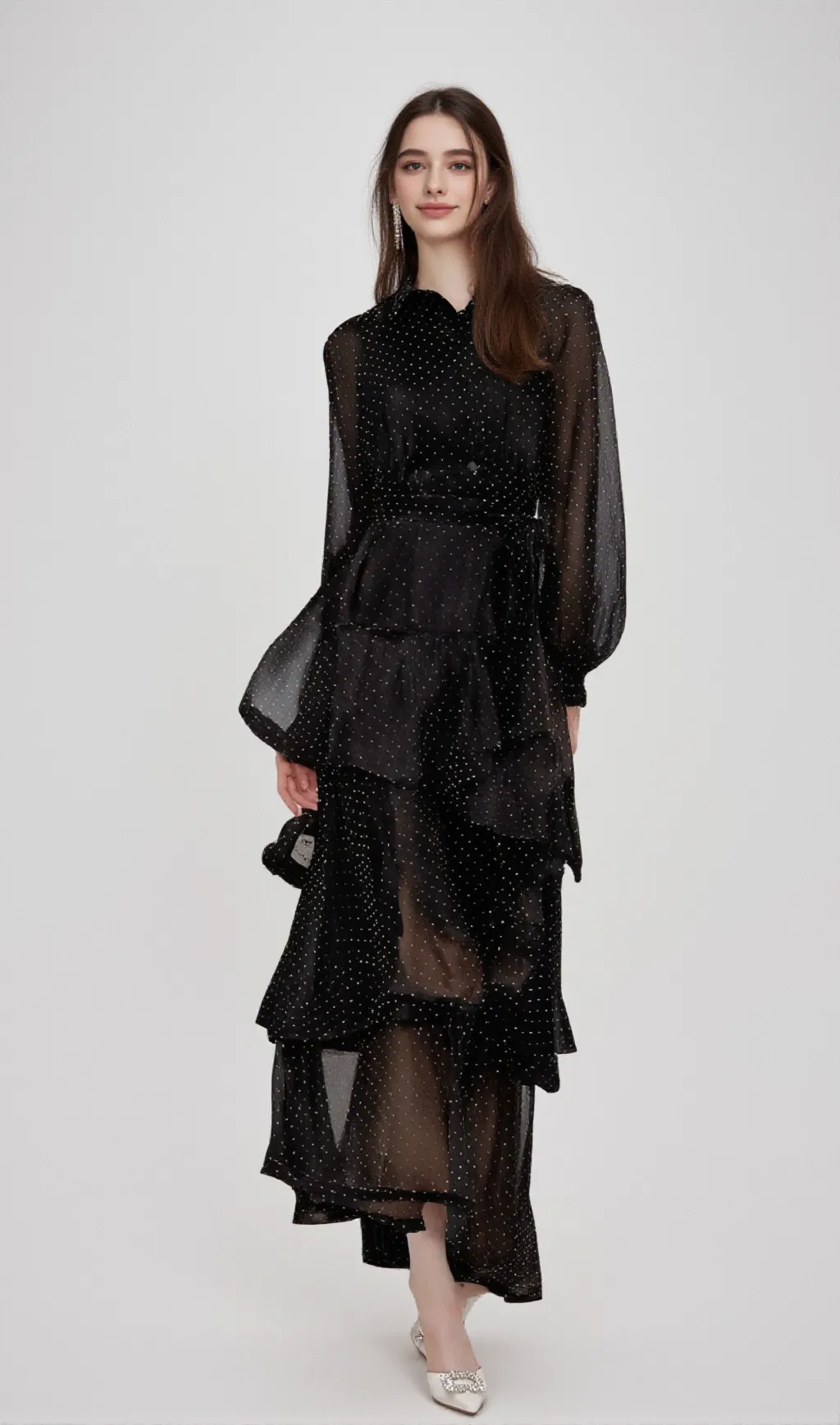 Clémence black polka-dot tiered midi dress