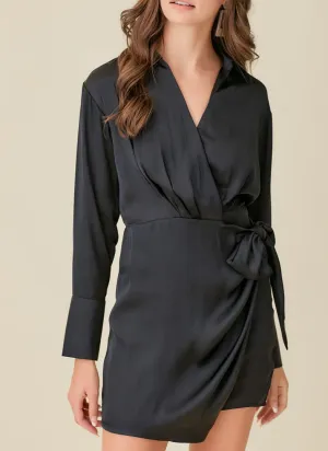 Collared Long Sleeve Overlap Dress