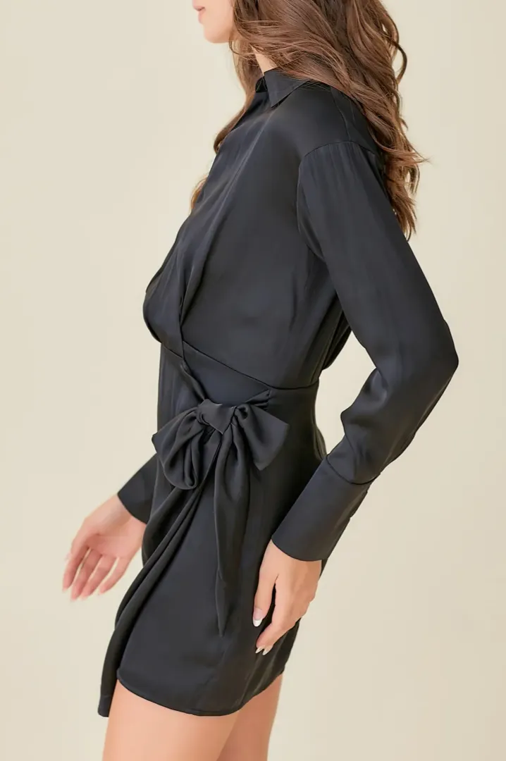 Collared Long Sleeve Overlap Dress