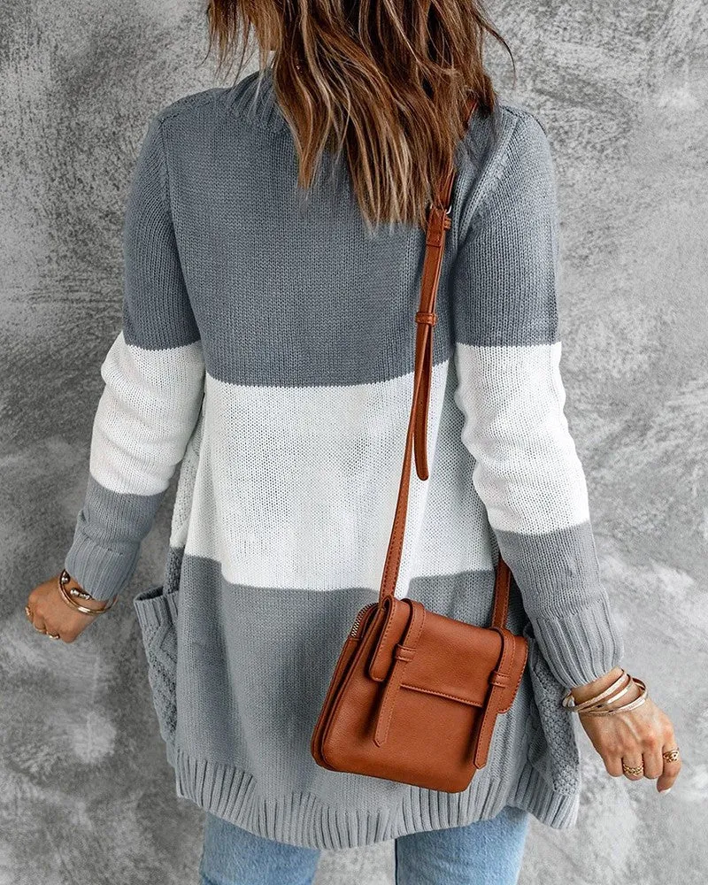 Colorblock Pocket Button Design Braided Knit Cardigan
