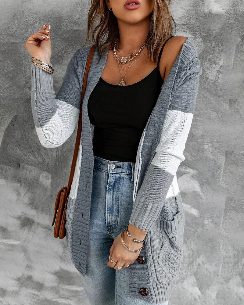 Colorblock Pocket Button Design Braided Knit Cardigan