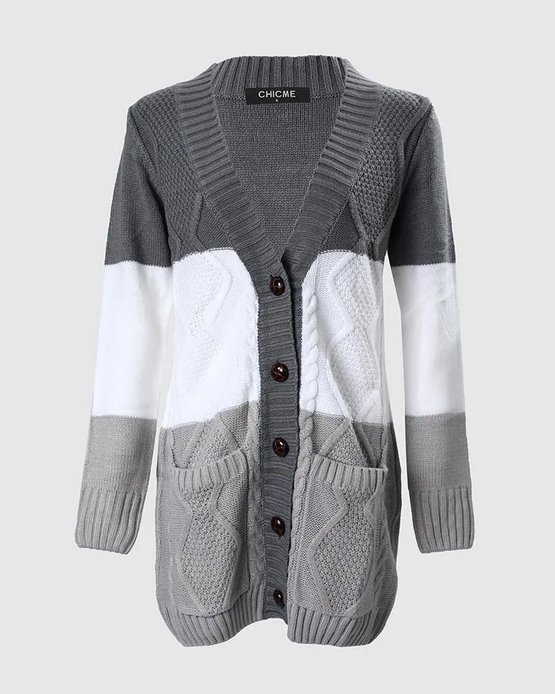 Colorblock Pocket Button Design Braided Knit Cardigan
