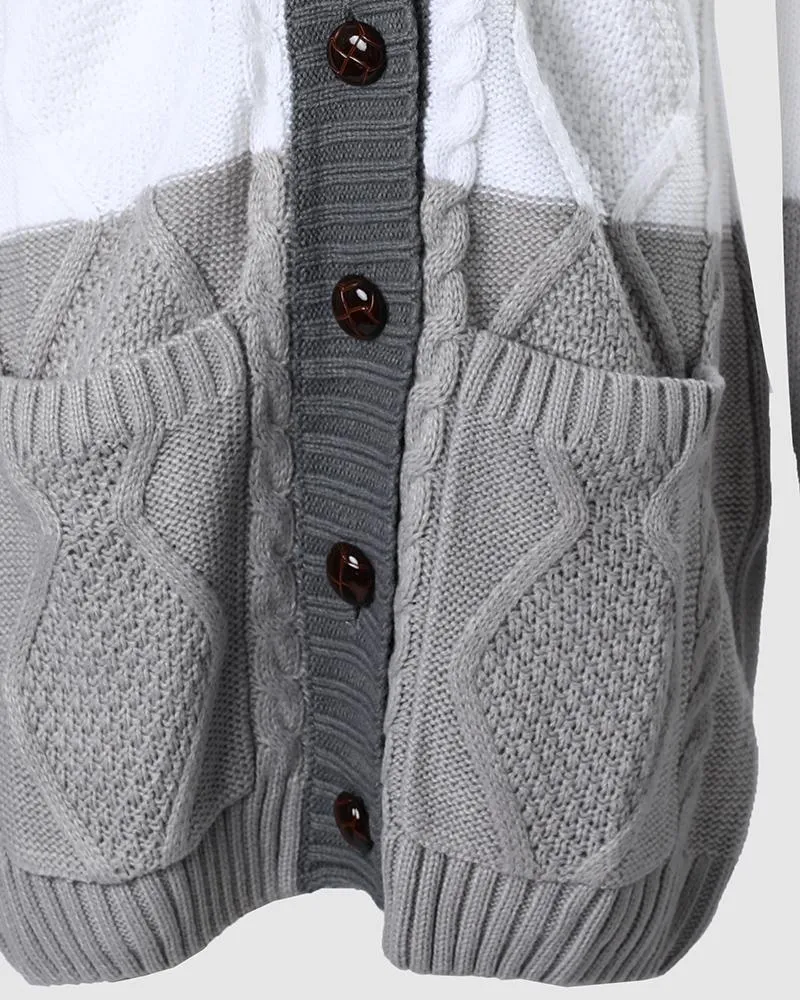 Colorblock Pocket Button Design Braided Knit Cardigan