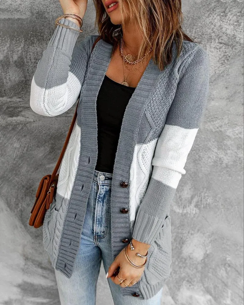 Colorblock Pocket Button Design Braided Knit Cardigan