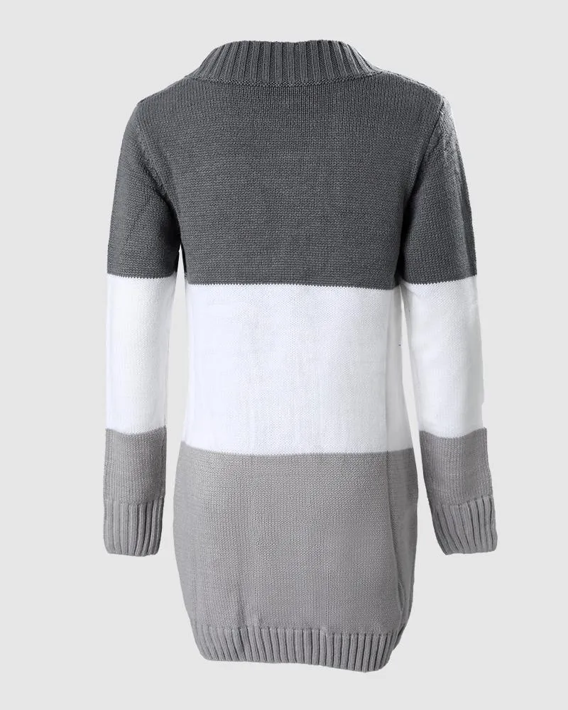 Colorblock Pocket Button Design Braided Knit Cardigan