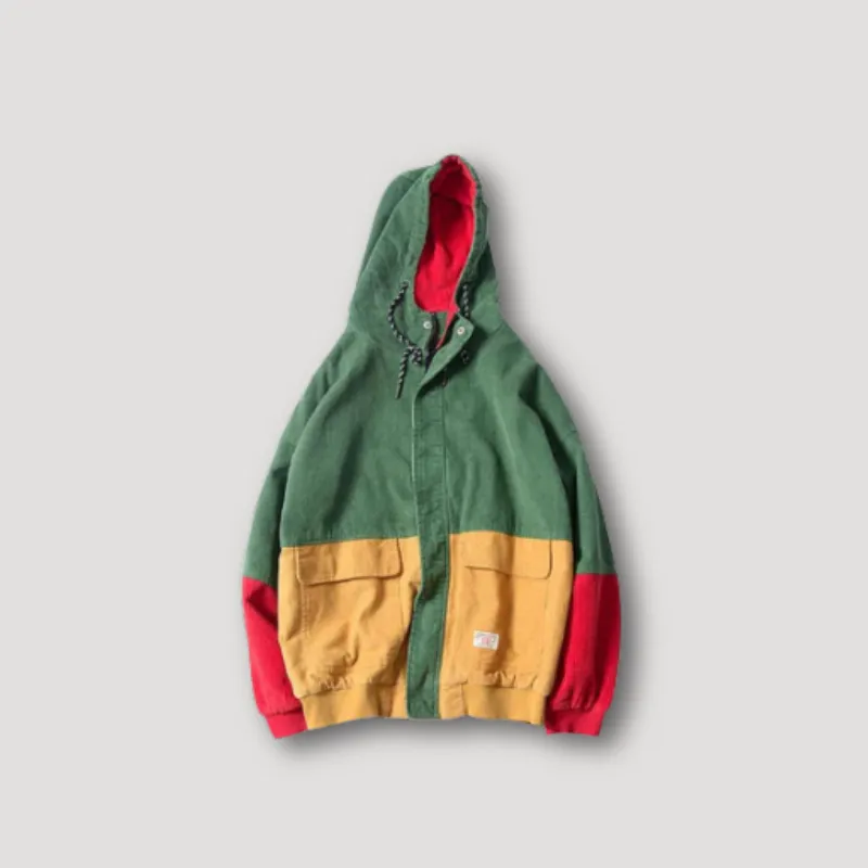 Corduroy Kleurblok Jas - Oversized - Capuchon - Patchwork