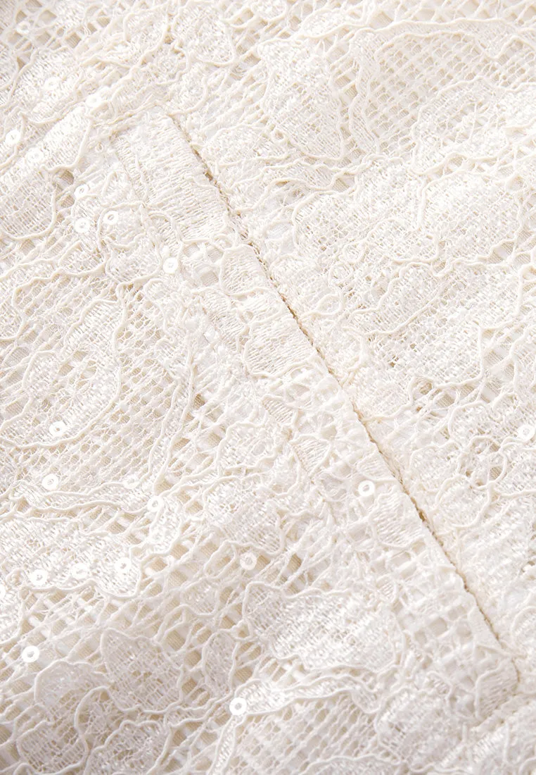 Corduroy-trim Hollow-Carved Checked Lace Jacket