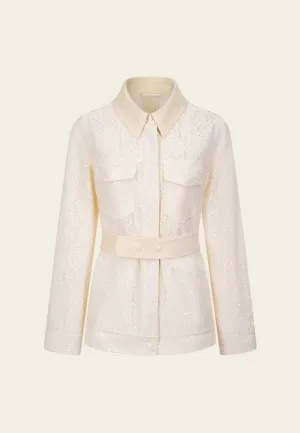 Corduroy-trim Hollow-Carved Checked Lace Jacket
