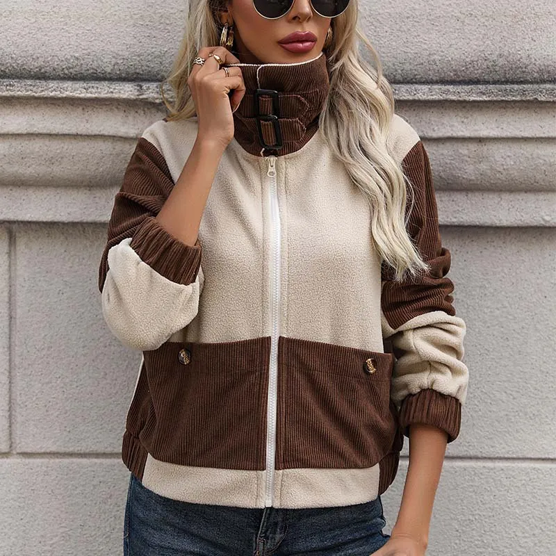 Corduroy women's block colour autumn jacket with pockets - Ideal for layering