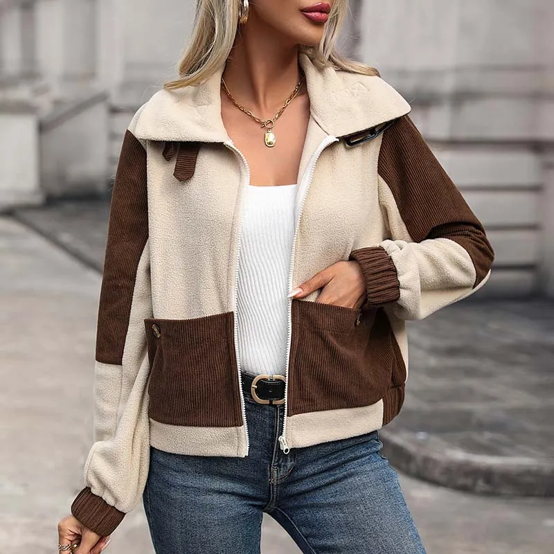 Corduroy women's block colour autumn jacket with pockets - Ideal for layering