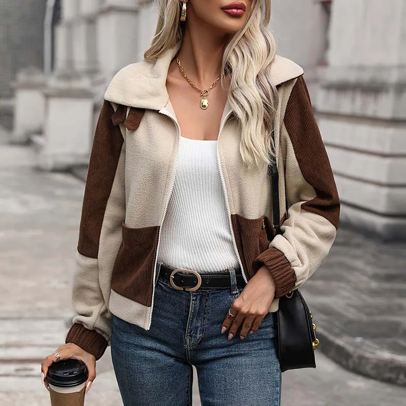 Corduroy women's block colour autumn jacket with pockets - Ideal for layering