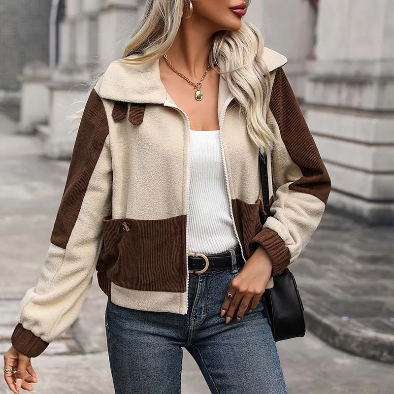 Corduroy women's block colour autumn jacket with pockets - Ideal for layering