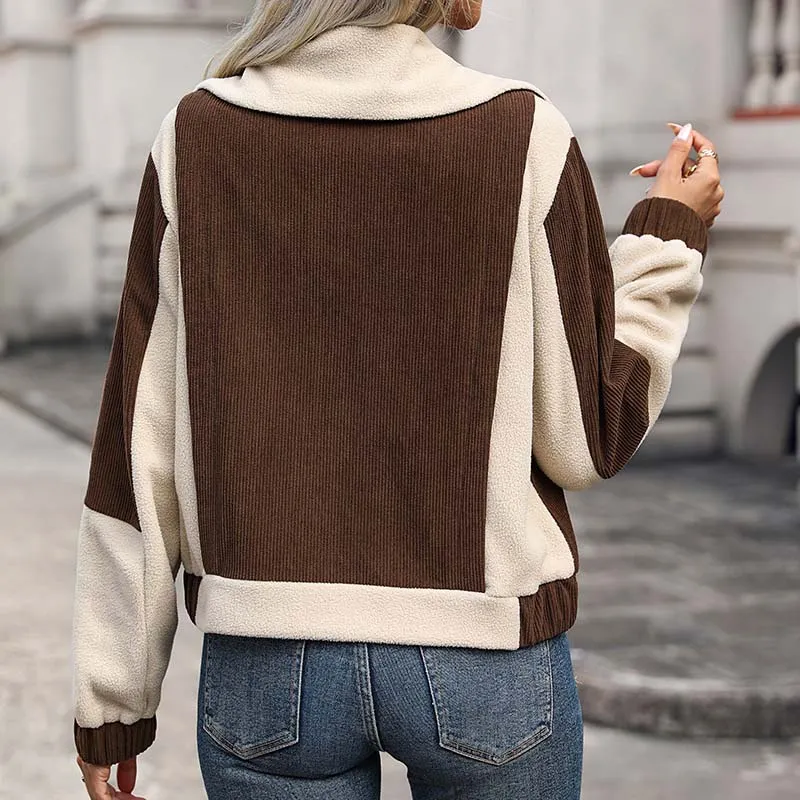 Corduroy women's block colour autumn jacket with pockets - Ideal for layering