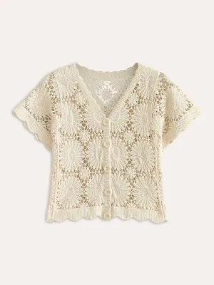 Crochet Floral Button-Front Cardigan
