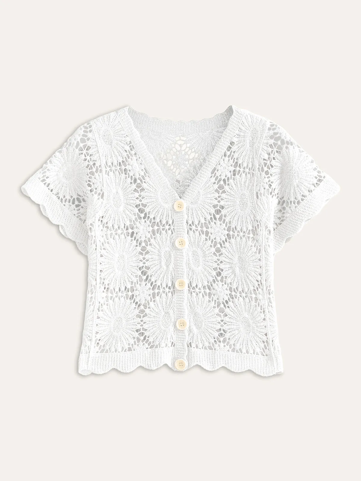 Crochet Floral Button-Front Cardigan
