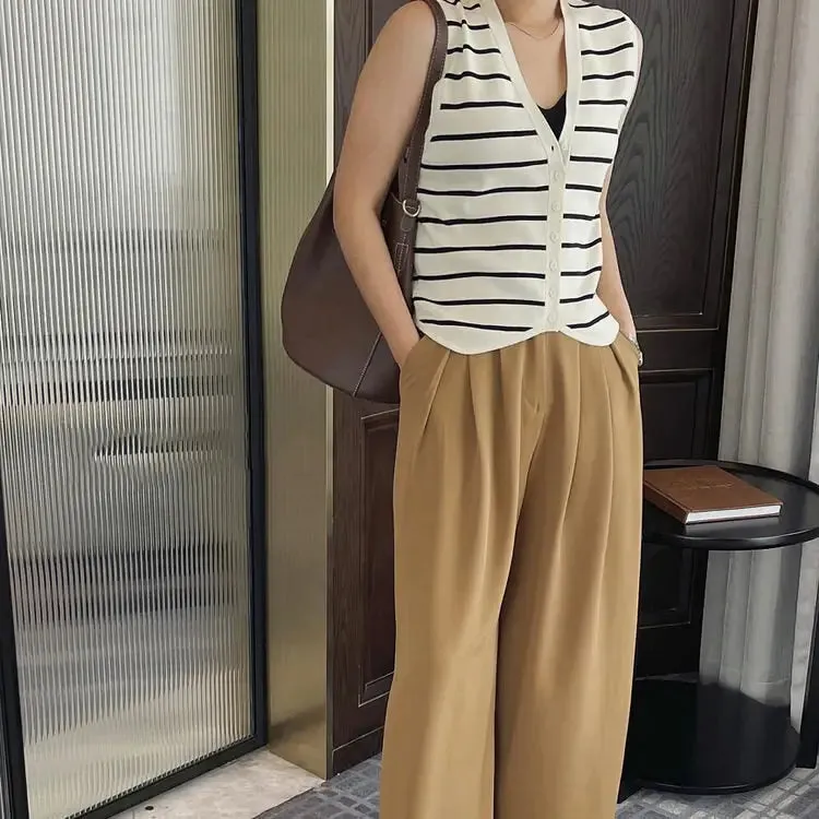 Cute French Style Y2K Button-Up Vest with Striped Design