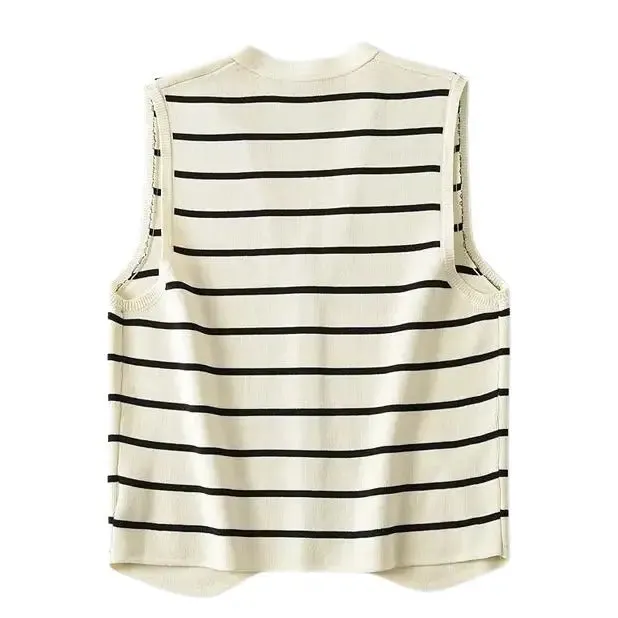 Cute French Style Y2K Button-Up Vest with Striped Design