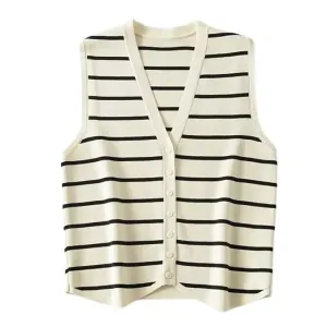 Cute French Style Y2K Button-Up Vest with Striped Design