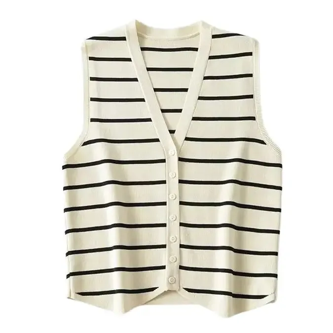 Cute French Style Y2K Button-Up Vest with Striped Design