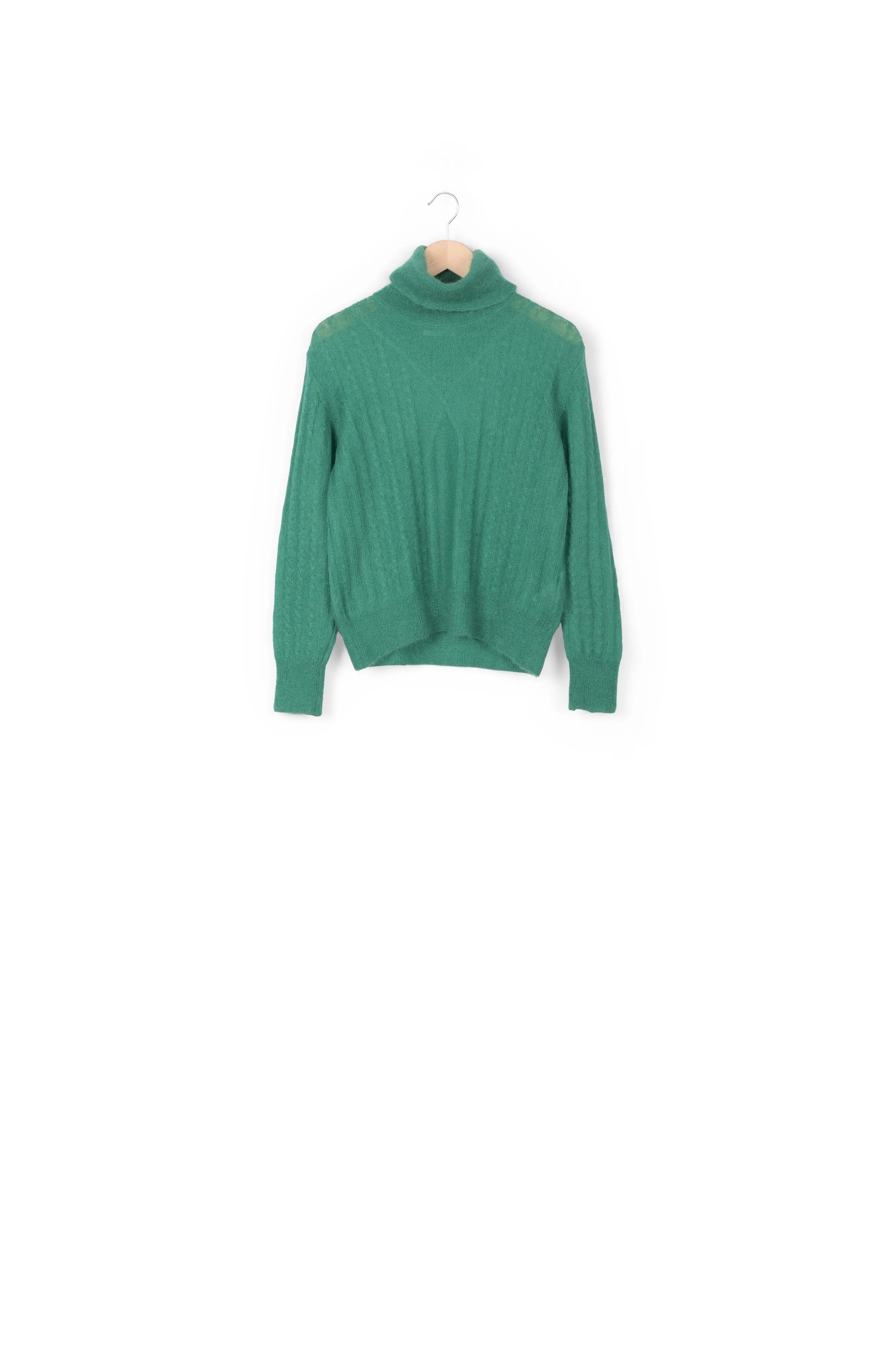 Dark green cable-knitted turtleneck sweater