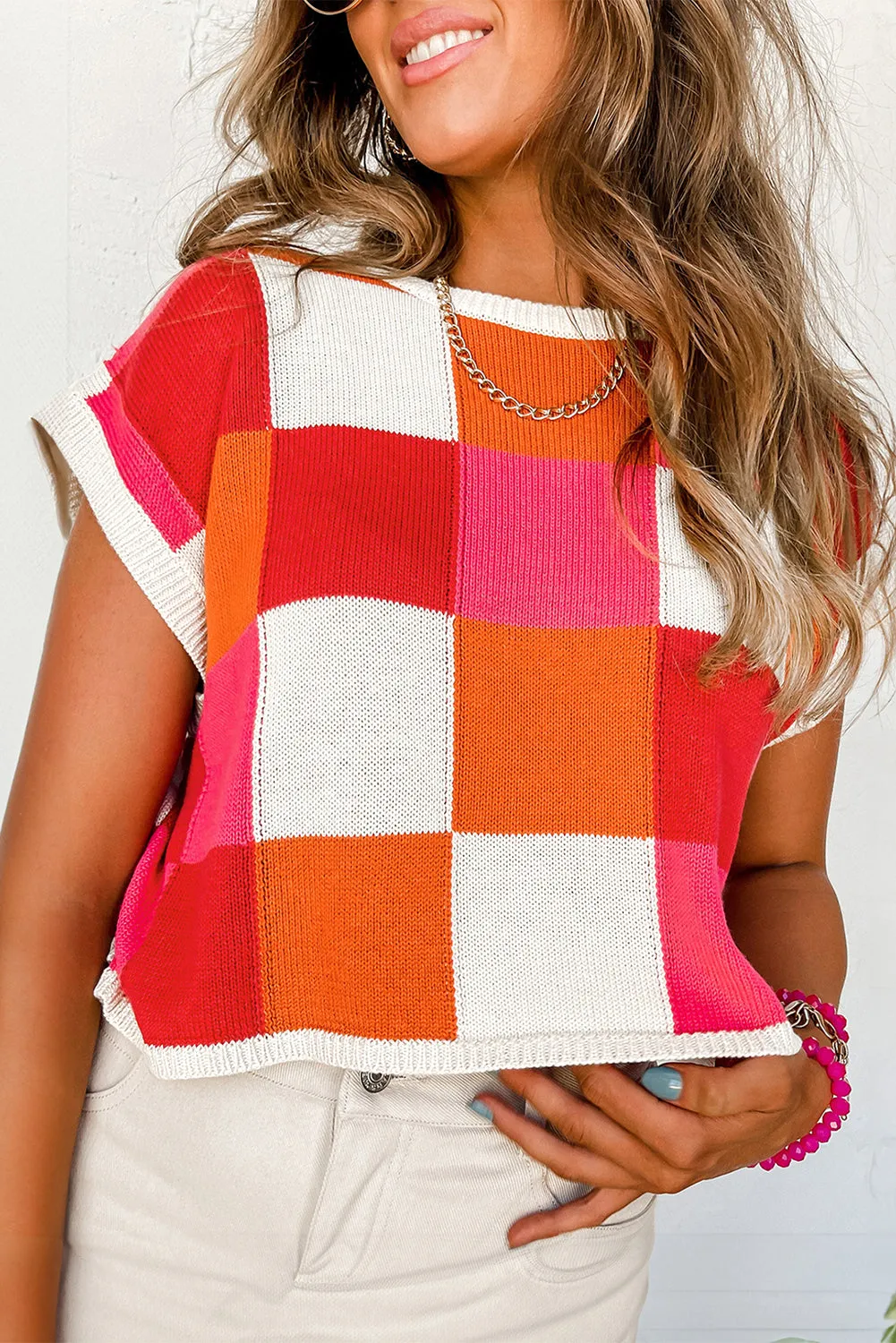 Dark Green Color Block Cap Sleeve Sweater