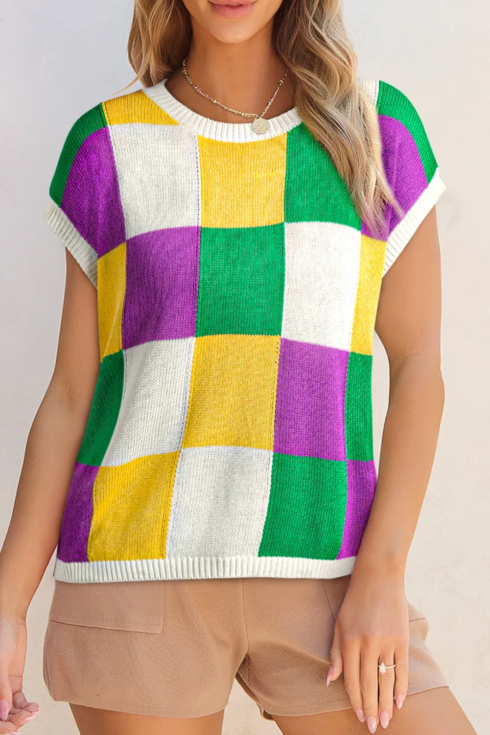 Dark Green Color Block Cap Sleeve Sweater