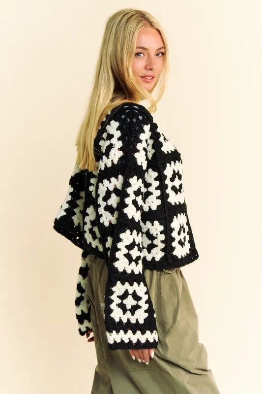 Davi & Dani Two Tone Flower Square Crochet Open Front Cardigan