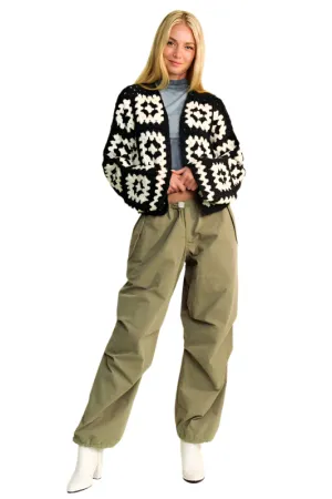 Davi & Dani Two Tone Flower Square Crochet Open Front Cardigan