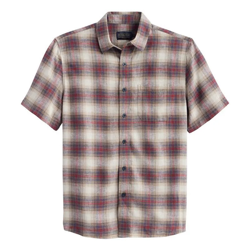 Dawson Short Sleeve Linen Shirt Tan/Brick Plaid