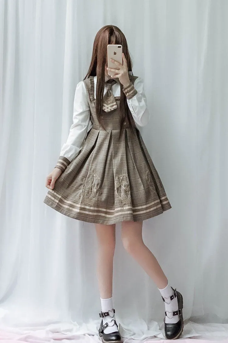 Detective Academy Embroidered Plaid Dress   Woolen Cloak SD00372