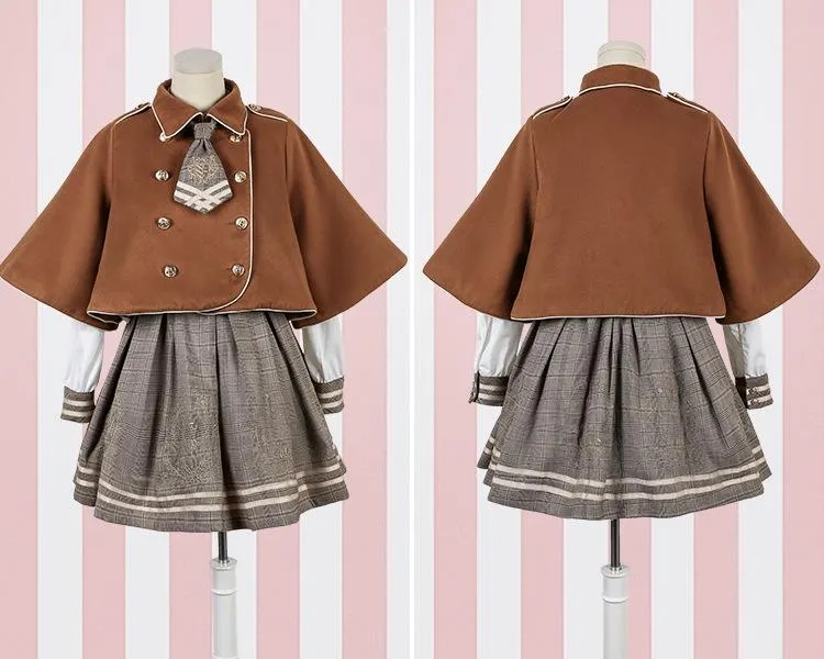 Detective Academy Embroidered Plaid Dress   Woolen Cloak SD00372