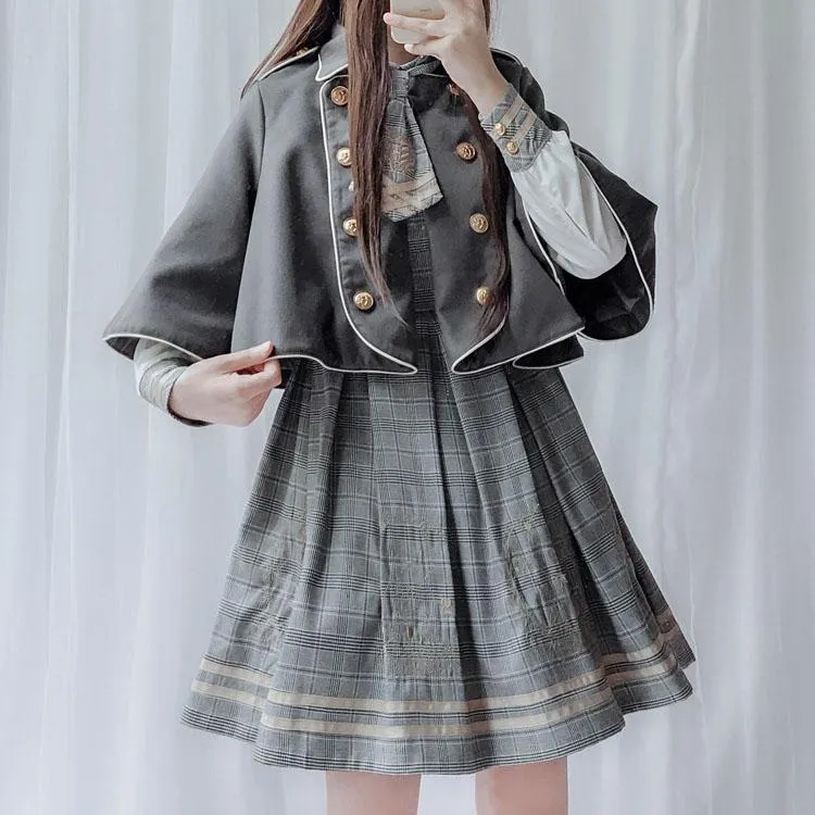 Detective Academy Embroidered Plaid Dress   Woolen Cloak SD00372