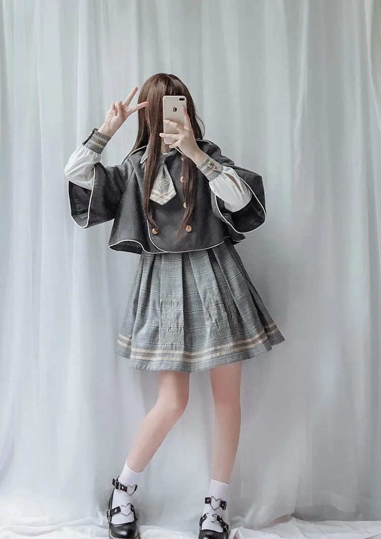 Detective Academy Embroidered Plaid Dress   Woolen Cloak SD00372