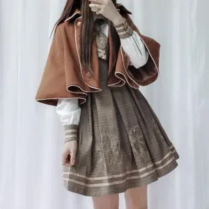 Detective Academy Embroidered Plaid Dress   Woolen Cloak SD00372